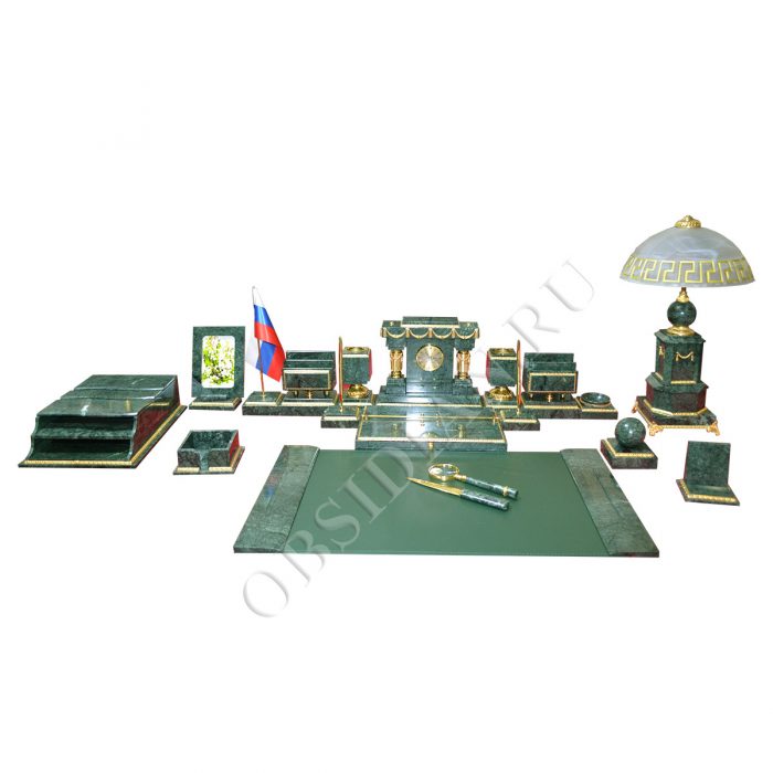 Элитный настольный  набор на стол руководителя из зеленого мрамора  "Царский 5-VIP10"