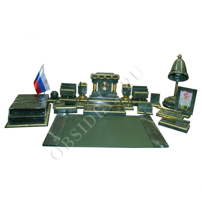 Элитный настольный  набор на стол руководителя из зеленого мрамора  "Царский 5-VIP11"