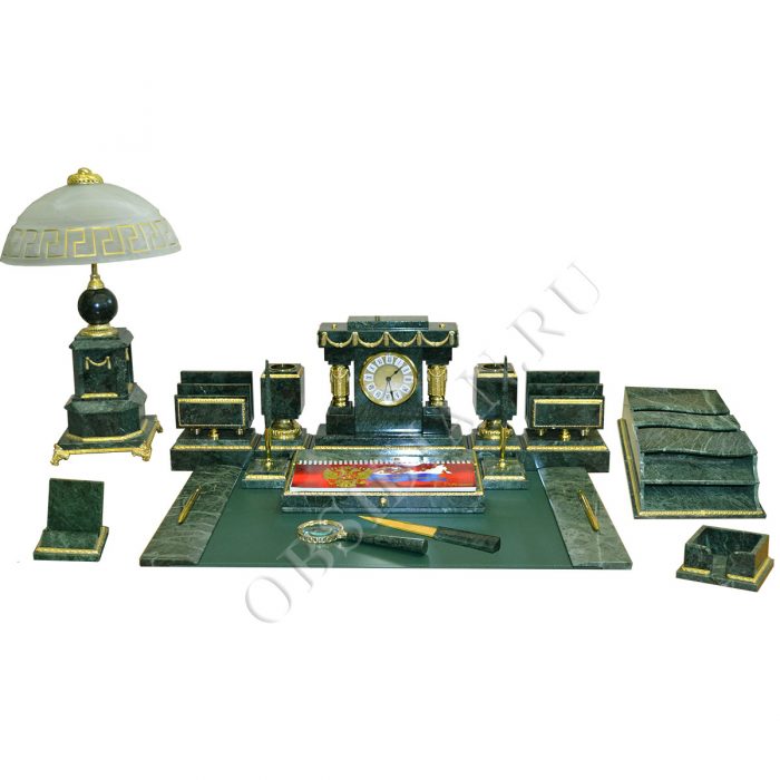 Элитный настольный  набор на стол руководителя из зеленого мрамора  "Царский 5-VIP8"