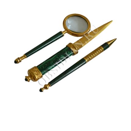 Канцелярский набор (ручка, лупа, нож) в футляре из малахита  МА-212