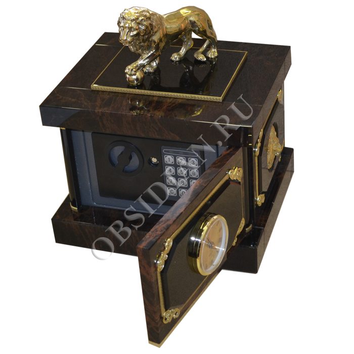 Часы-сейф из обсидиана с бронзовым львом СФ-1-3