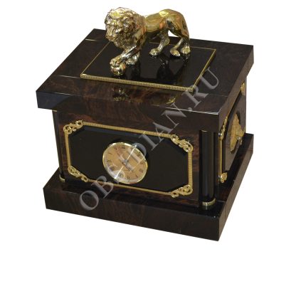 Часы-сейф из обсидиана с бронзовым львом СФ-1-3