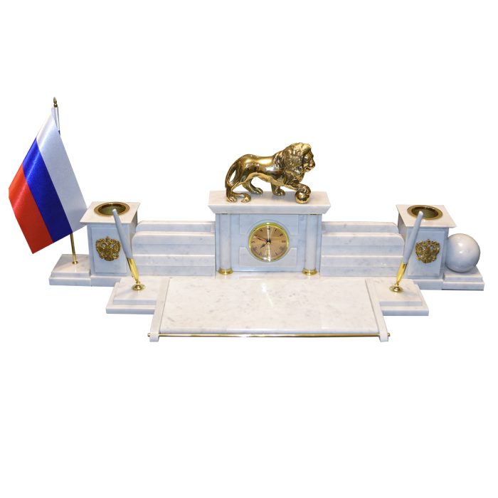 Белый канцелярский набор из камня с бронзовой фигурой льва "Идеал 6-3э"
