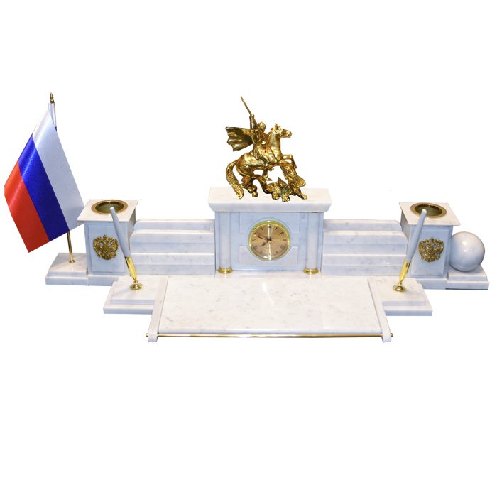 Белый канцелярский набор из камня с бронзовой фигурой Георгия Победоносца "Идеал 6-5э"