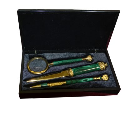 Канцелярский набор (ручка, лупа, нож) в футляре из малахита  МА-211