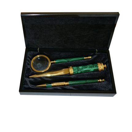 Канцелярский набор (ручка, лупа, нож) в футляре из малахита  МА-212