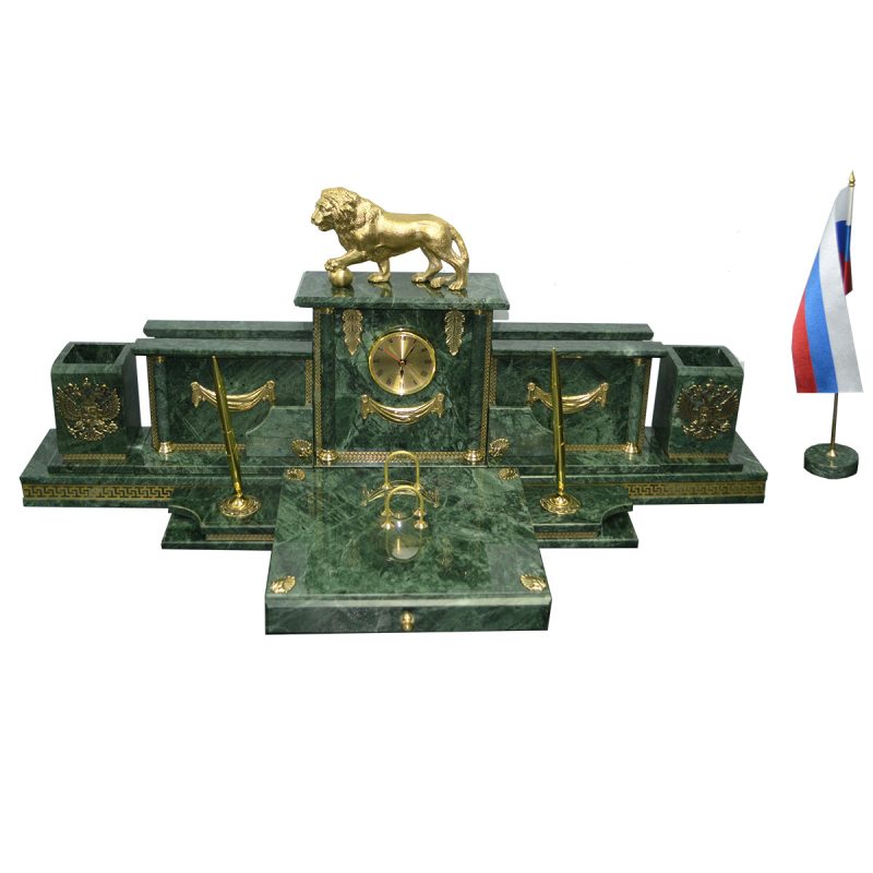 Настольный набор из зеленого мрамора  с фигурой льва "Лорд 2-3"