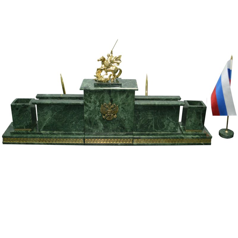 Настольный набор из зеленого мрамора  с фигурой Георгия Победоносца "Лорд 2-5"