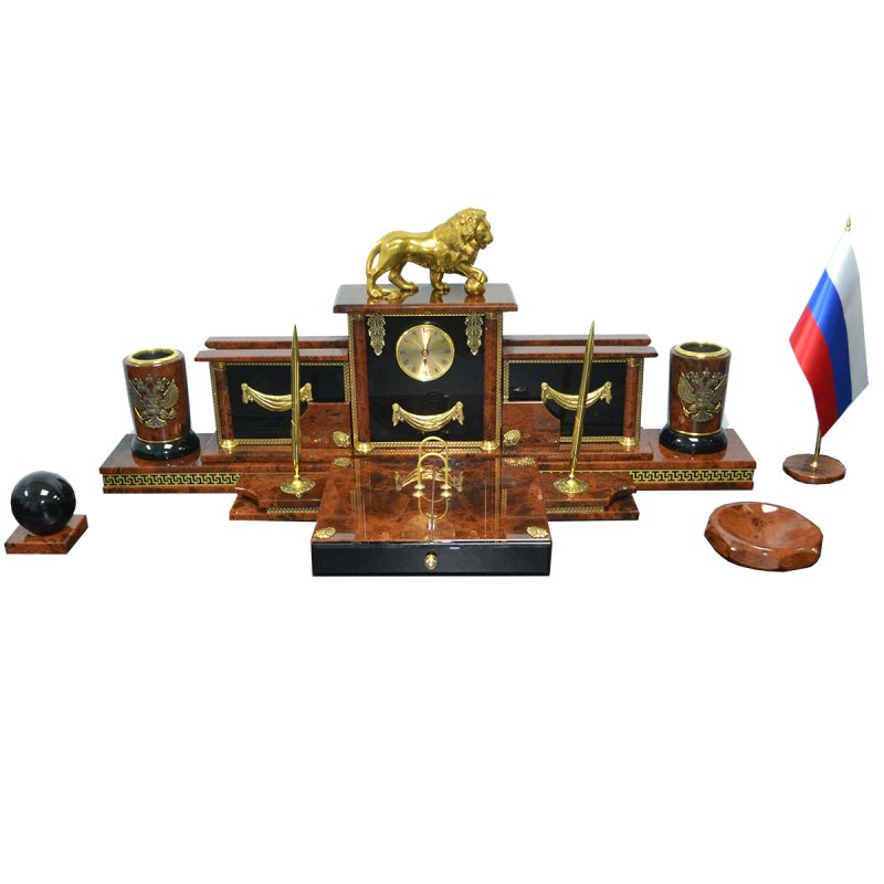 Настольный набор из обсидиана  с фигурой льва "Лорд 13-3"